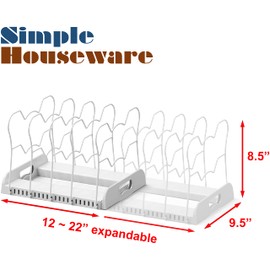 SIMPLE HOUSEWARE Expandable Pan Organizer Rack, 10 Adjustable Compartments, White - Kitchen Cabinet Organizer for Pots, Pans, Lids & Bakeware - Pantry & Countertop Storage