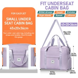 FIORETTO for Easyjet Airlines Cabin Bag 45x36x20 Underseat Travel Hand Luggage Carry on Bag Weekend Overnight Duffle Holdall Bag for Women and Men with Shoes Compartment Purple