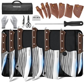 MDHAND 14PCS Professional Butcher Knife Set with Roll Bag, Hand Forged Serbian Chef Knife Set, Heavy Duty Meat Cleaver Knives, Boning Knife, Meat Cutting Knife for Kitchen, Gift for Men, BBQ, Camping