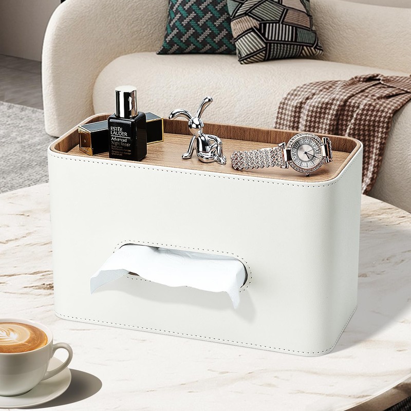 GORESE Cosmetic Tissue Box with Tray, Leather Tissue Box, Paper