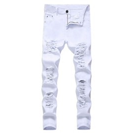 Enrica Men's Ripped Distressed Destroyed Straight Fit Washed Denim Jeans (449-2 White, 34)