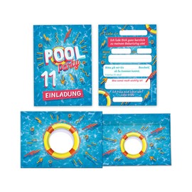 Minkocards 12 Invitation Cards with 12 Envelopes 11th Children's Birthday Swimming Pool Swimming Boys Girls Invitations Eleventh Birthday