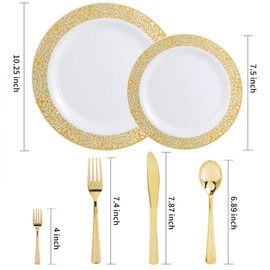 WDF Gold 150PCS Assorted Plates Set Include 75 Dinner/Salad Plates & 25 Mini Forks for Thanksgiving