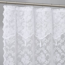 LinenZone 72" x 72" Lace Shower Curtains with Attached Valance & Tassels. Lace Fabric Shower Curtain is Great for Country or Rustic Decor. Modern Farmhouse Shower Curtain. (Mia Shower 72 x 72 White)