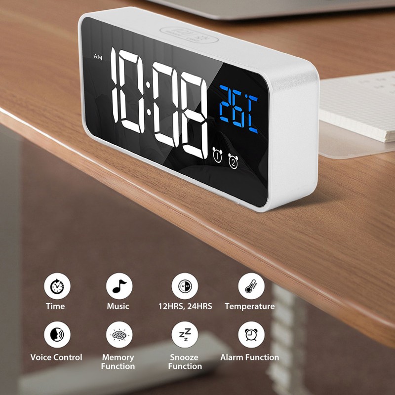 Mirror LED Alarm Clock Two Sets of Alarm Rechargeable Voice
