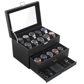 ProCase 20 Slot Watch Box for Men, 3-Layer Watch Display Case with Glass Lid, Watch Holder with Drawer, Jewelry Storage Organizer for Watches Straps Rings -AllBlack
