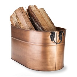 Plow & Hearth Vintage-Style Antique Copper Galvanized Steel Firewood Bucket with Wrought Iron Handles | Decorative | Log Storage | Organizer | 21.75" L x 12.75" W x 11.5" H
