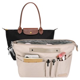 Bag Organiser for Longchamp Bag le Pliage M, Bag Organiser Polyester with Key Ring, Waterproof, Inner Pocket Organiser Shopper for Tote Bag, Handbag Women (Beige, Medium)