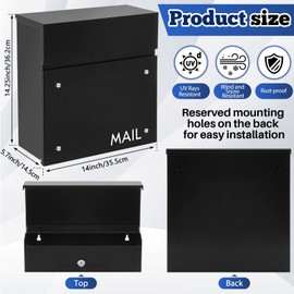 Yaocom Wall Mounted Modern Locking Mailbox 14.25" x 14" x 5.75" Large Capacity Metal Mail Box with Key Lock Galvanized Steel Security Lock Drop Black Postbox Rustproof Mailbox for Outside Home Office