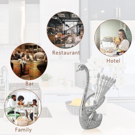 Stainless Steel Teaspoon, Teaspoon with Decorative Swan Holder, Silver, 5.1 Inches, 6 Pieces, Stainless Steel Teaspoon, Coffee Spoon, Silver Vintage with Stand, Swan Base Cutlery Set for Dessert,