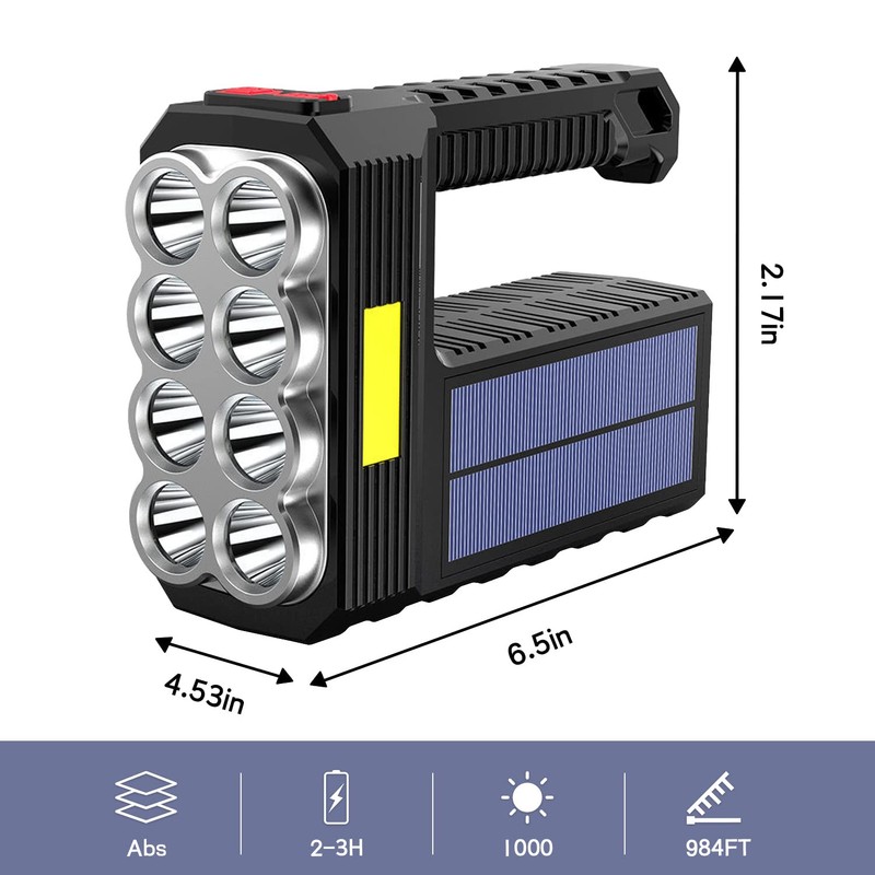 8 LED Solar Flashlight with COB Sidelight, 1000 Lumens Solar