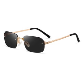 TIANYESY Rimless Rectangle Sunglasses for Women Man Fashion Small Narrow Rectangle Frameless Eyewear Shades 90s Sun Glasses (Black/Gold)