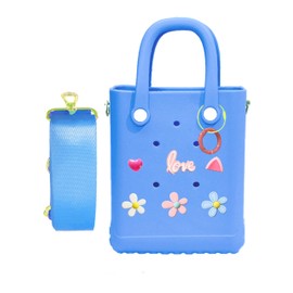 BOBONIU Mini Rubber Beach Bag with Strap, Bitty EVA Tote Bag with 6 Charms, Small Charms Crossbody Tote for the Beach Boat Pool Sports, Washable Open Tote Bag(Light Blue)