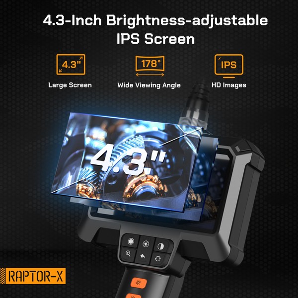 Raptor-X Endoscope Camera with Light, 1080P HD Articulating Borescope Camera with Light, 4.3“ IPS Screen Sewer Camera with 8 Adjustable Light, IP67 Inspection Camera