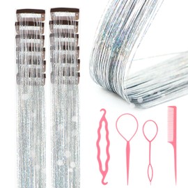 12Pcs Hair Tinsel Clip in Extensions 19.6Inch Glitter Tinsel Hair Extensions Heat Resistant Clip in Hair Tinsel kit Shiny Sparkle Fairy Hair Accessories for Women Girls Kids (Silver)