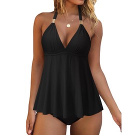 RXRXCOCO Women Halter Tankini Swimsuits Tummy Control Swimsuit Flowy V Neck Bathing Suits Black XX-Large