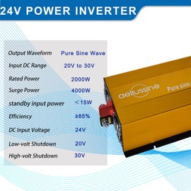 aeliussine 2000W Pure Sine Wave Inverter-24V DC to 110V 120V AC Power Converter with 2 AC Outlets, 24 Volt Power Inverter for Truck, Rv, Camping, Home, Emergency Power