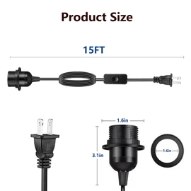 Plug in Pendant Light Cord - 15Ft Hanging Light Kit E26/E27 Light Socket Hanging Lantern Lamp Cord with On/Off Switch, Black