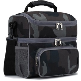 FlowFly Insulated Lunch Bag Adult Lunch Box Large Tote Double Layer Cooler for Men, Women, with Adjustable Strap,Front Pocket and Mesh Side Pockets,Black Camo
