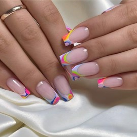 Long Coffin Press on Nails Square Fake Nails Colorful French Tip Glue on Nails with Striped Design Squoval Rainbow Swirls Acrylic False Nails Press Ons Glossy 24PCS