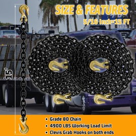 5/16" Tow Chain|G80 Trailer Safety Chains with G70 Clevis Grab Hooks for Towing|15 FT Transport Binder Chain Wll 4900 Lbs| Heavy Duty Chain for Tie Down&Logging&Transporting(2 Pack-ER Black)