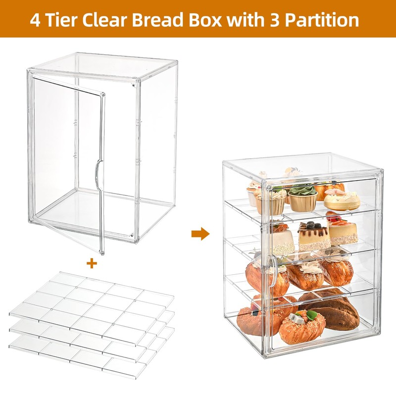 Pastry Display Case，4-Tier Adjustable Clear Bread Storage with Magnetic Door，Bread