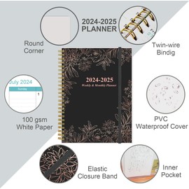 2024-2025 Planner - Weekly Monthly Planner Spiral Bound from July 2024 to June 2025, Academic Planner 2024-25 with 12 Monthly Tabs, Inner Pocket, Elastic Closure, Black Flowers