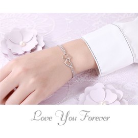 DAOCHONG S925 Sterling Silver I Love U Forever Love Heart Double Chain Bracelets,7+2 inches