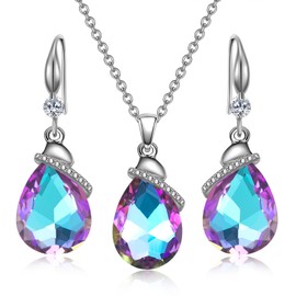 YEPZOKO Crystal Jewelry Sets for Women, Silver/Gold Plated Teardrop Oval Pendant Necklace and Earring Rhinestone Dangling Sets Birthday Anniversary Wedding Mother’s Day Gifts for Women (Blue purple)