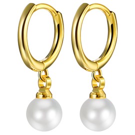 JewelryWe Womens Classic Pearl Drop Earrings Gold Plated Hoop Earrings with Pearl Dangle Huggie Ear Jewelry