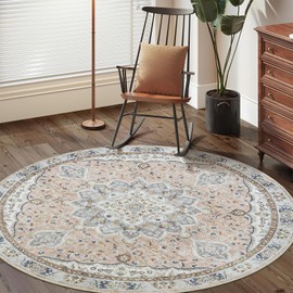 Ultra-Thin Washable 4ft Round Rug - Teal 4x4 Circle Rugs for Living Room, Vintage Dining Room Mat Stain Resistant Nursery Carpet for Bedroom Mudroom Kitchen Apartment Home Office