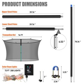 14FT Trampoline Replacement Net and 6 Universal Trampoline Enclosure Poles Kit with Solar Rope Light, Pole Caps & Hardware, Trampoline Accessories Kit Fit for 14" Round Frame with 6 Straight Pole