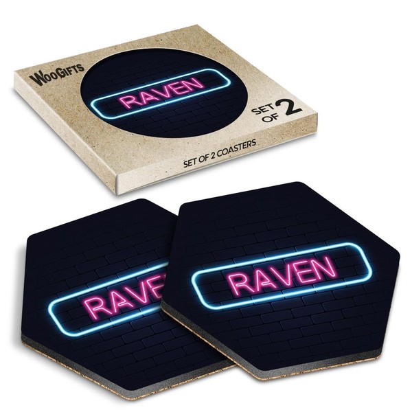 2 x Hexagon Coasters - Neon Sign Design Raven Name