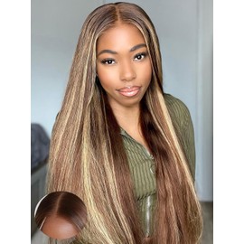 ORIGINAL QUEEN OQ Hair Glueless Wigs Human Hair Pre Plucked Pre Cut Highlight Straight 4/27 Lace Front Wigs for Women Honey Blonde 5X7 Wear and Go Glueless Wigs Human Hair 28Inch