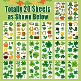 Leesgel Temporary Tattoos for Kids St Patricks Day Accessories, 20 Sheets Shamrock/Leprechaun Hat/Balloons Tattoo Stickers for St Patricks Day Decorations, Irish Party Supplies Favours