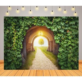 CORFOTO 9x6ft Fabric Mysterious Gate Entrance Backdrop Forest Arch Green Leaves Wall Gate Photography Background Gateway to The Paradise New Life Concept Photo Decor Photo Booth
