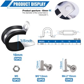 Twidec/50PCS 3/8 Inch Cable Clamp 304 Stainless Steel Rubber Coated Cushion Pipe Clamps,Metal Clamp,With Metal Rubber Clips For Automotive Wire Tube Pipe Clamps N-056-3/8