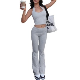 AYWA Two Piece sets for Women Halter Tank Backless Crop Tops Foldover Flare Pants Casual Matching Streetwwear Outfits (Light Heather Grey, Small)