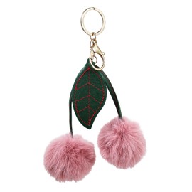xuzhiyuan Cute Cherry - shaped Furry Keychain with Leather Leaf Decoration for Bag and Key Organization-Dark Pink