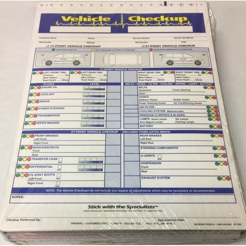 Vehicle Check Up Inspection Forms - (250/pack)