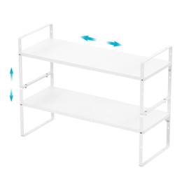 iPEGTOP Expandable Cabinet Storage Shelf Organizer Rack, 2 Pack Heavy Duty Steel Metal Spice Rack Adjustable Height Garage Pantry Shelf Space Riser for Counter Kitchen Organization, White