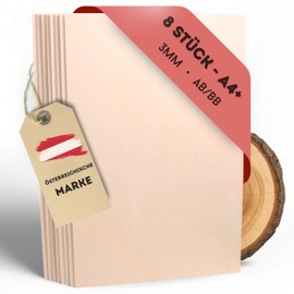 EV® Plywood Board 3 mm – Pack of 8, A4+ Format, Italian Poplar Plywood in Premium AB/BB Quality, High-Quality Wooden Panels for Crafts, Painting and Lasering