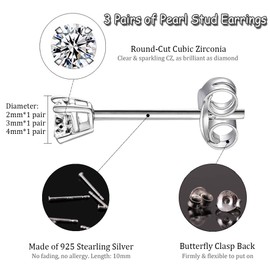 EPIRORA Sterling Silver Stud Earrings for Women- 3 Pairs Tiny Ball Stud Earrings Round CZ Cubic Zirconia Earrings Pearl Earrings Set Cartilage Small Tragus Earrings(2mm,3mm,4mm)