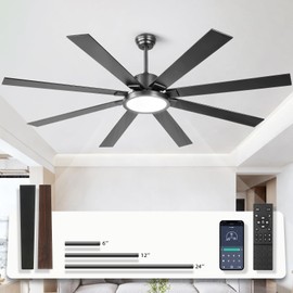 Large Ceiling Fans with Lights, Modern 72 Inch 8 Blade Outdoor Ceiling Fan with Remote APP Control - Dimmable Black Big Fan light Indoor Reversible 6 Speed Quiet DC Motor