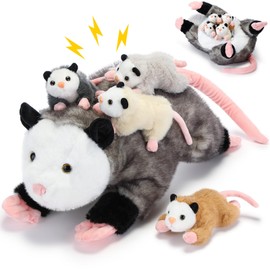 Hollowfly 5 Pcs Stuffed Opossum Mommy Possum Plush with 4 Baby Opossums Stuffed Toy on Her Back, Magnetic Attraction Cotton Plush Animal Toy Gift for Boys Girls Possum Lover(Cute)