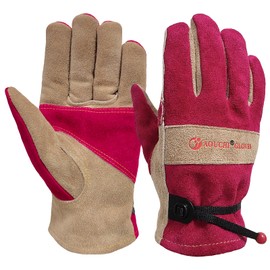 AOUCHI Leather Work Gloves for Women with Cotton Lining, Medium Thorn Proof Cactus Gardening Yard Work Gloves for Rose Pruning, TIG/MIG Welding, Construction, Driving (Rose Red, Large)