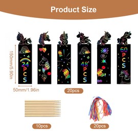 Scratch Pictures for Children, Pack of 20 Scratch Painting with 10 Pieces Wooden Pens, 20 Pieces Ribbons, Unicorn Rainbow Scratch Pictures Bookmarks for Boys Girls Easter DIY Crafts Party,