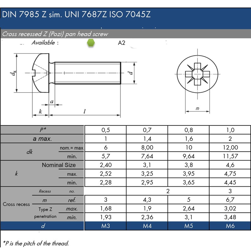 M6 x 70mm Pozi Pan Machine Screw Bolt - Made