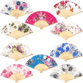 RUIYELE 10 Pcs Hand Held Folding Fan, Summer Vintage Bamboo Folding Fan, Women Craft Silk Fan with Bamboo Frame, for Dancing Wedding DIY Home Decoration, Mixed Color