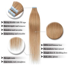 Tape In Hair Extensions Human Hair Remy Tape On Extensions Adhesive Skin Weft Tape In Hair Natural Glue in Hairpieces Full Head Blonde Remy Tape Extensions 14 inch 40g 20pcs #27 Dark Blonde